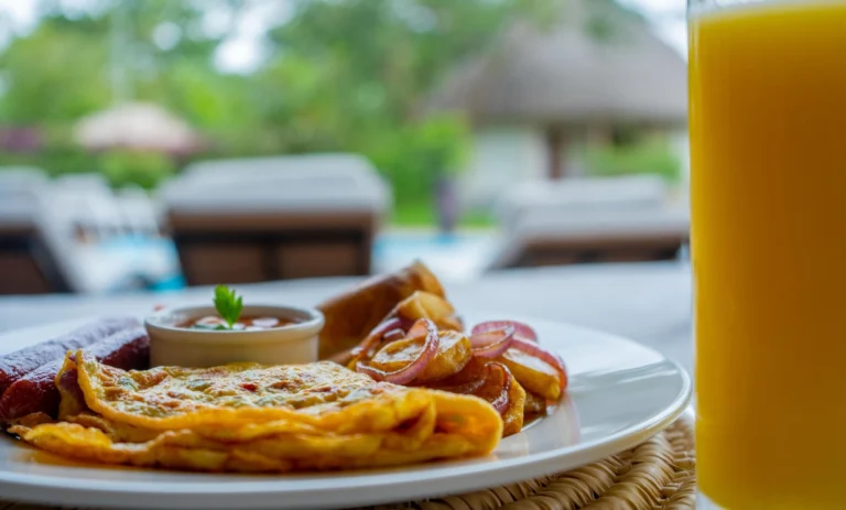Full breakfast and orange juice by the pool