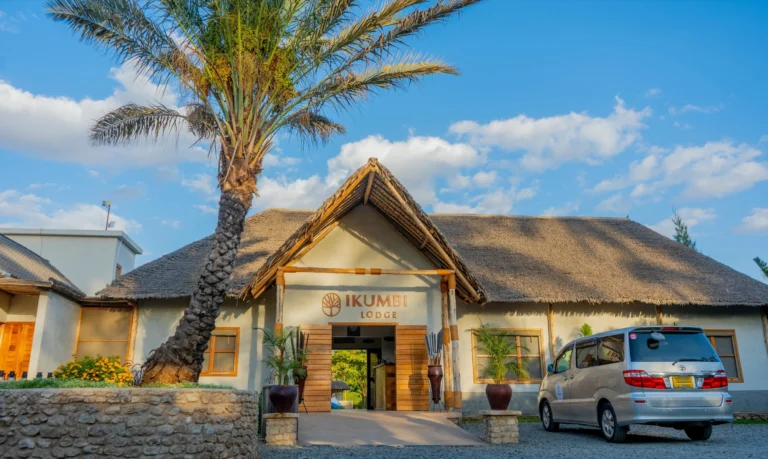 The main entrance gable with the Ikumbi sign and a palm
